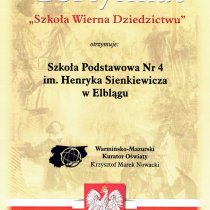 Otrzymaliśmy certyfikat Szkoła Wierna Dziedzictwu